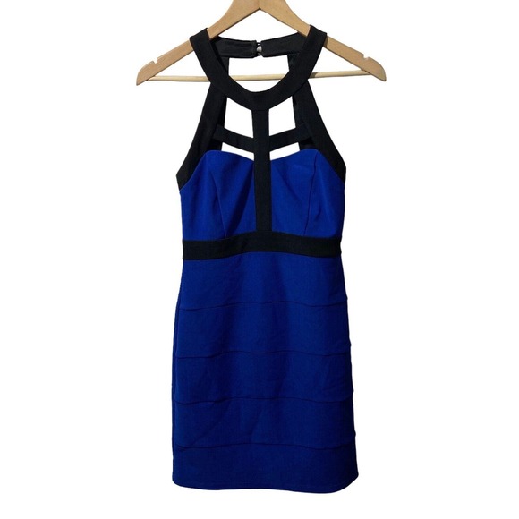 Crystal Doll Women Bodycon Blue Black Halter Top Dress Size 3 Preppy Retro Glam‎ - Picture 8 of 12